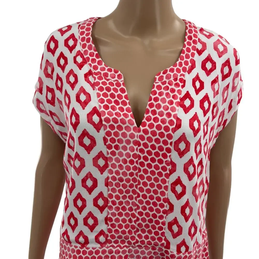 Joules Agnes Coral Ikat Print V Neck Short Sleeve Dress